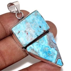 Blue Natural Mexican Laguna Lace Gemstone Sterling Silver 925 Long Pendant